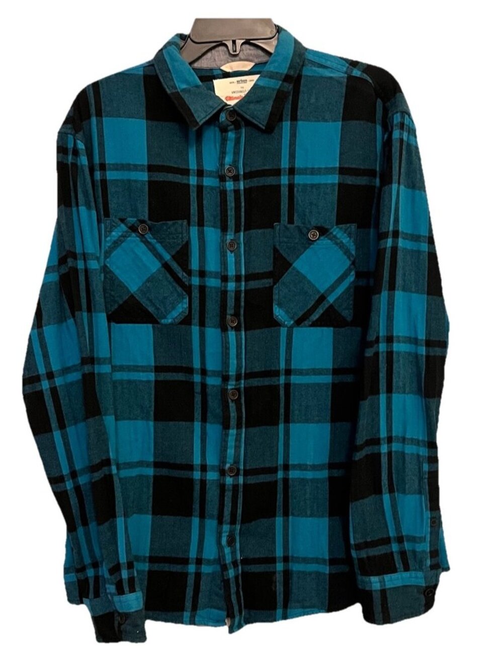 Urban Ultimant Flannel Button Up Shirt Blue Black Plaid Soft Pockets Sz L